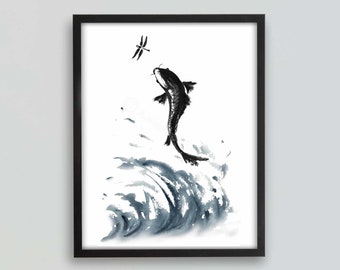 Printable Koi Fish and Dragonfly Art Print, Fish Decor, Fish Painting, Line Art, Ink Art, Ink Drawing, Minimalist Art, Sumi-e Painting