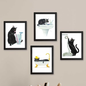 Bathroom Black Cat Print Set of 4, Cat Decor, Cat Art, Funny Cat Art, Cat Lover Gift, Bathroom Decor, Watercolor Painting Print All vertical