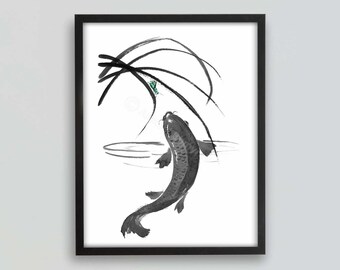 Printable Koi Fish Art Print, Fish Decor, Fish Painting, Line Art, Ink Art, Ink Drawing, Minimalist Art, Sumi-e Painting