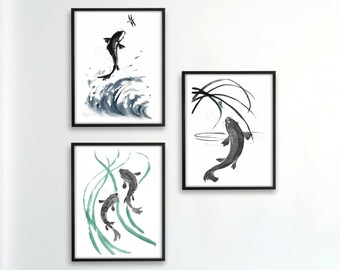 Printable Koi Fish Art Print Set, Fish Decor, Fish Painting, Line Art, Ink Art, Ink Drawing, Minimalist Art, Sumi-e Painting