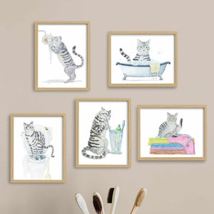 Bathroom Gray Tabby Cat Print Set of 5, Printable Cat Decor, Cat Art, Funny Cat Art, Cat Lover Gift, Bathroom Decor, Watercolor Painting