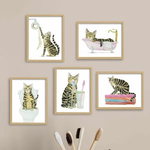 Bathroom Tabby Cat Print Set of 5, Printable Cat Decor, Cat Art, Funny Cat Art, Cat Lover Gift, Bathroom Decor, Watercolor Painting Print