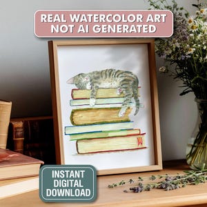 Stampa di gatto soriano sui libri / Divertente arte murale con gatti / Regalo stampabile per gli amanti dei gatti / Decorazione con gatto acquerello / Arte per bagno o camera da letto con gatto soriano