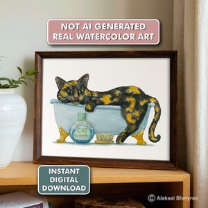 Stampa artistica di gatto tartarugato da bagno / Decorazione murale di gatto divertente / Regalo stampabile per gli amanti dei gatti / Decorazione di gatto acquerello / Download digitale / Gatto stravagante