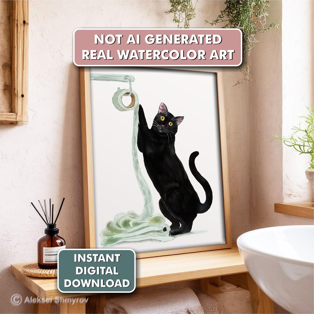 Bathroom Black Cat Art Print | Funny Cat Wall Decor| Printable Cat ...