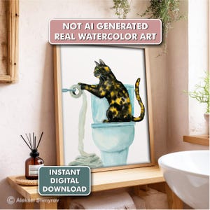 Badkamer schildpad kat kunstafdruk | Grappige kat muurdecoratie| Afdrukbaar cadeau kattenliefhebber | Aquarel kattendecor | Digitale download | Grillige kat