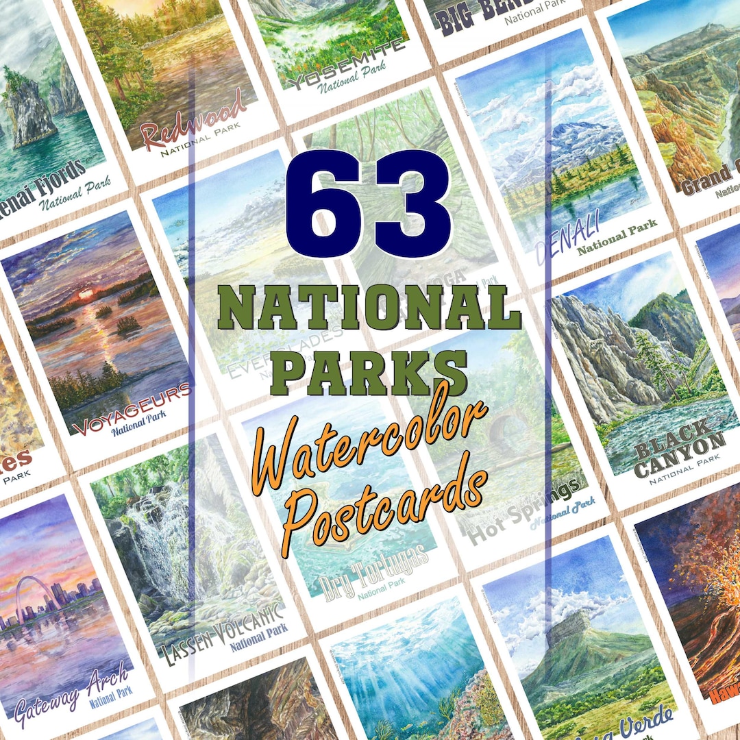 63 National Parks Postcards, Watercolor Landscape Painting, Watercolor