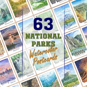 63 postales de parques nacionales, pintura de paisajes en acuarela, postales en acuarela, regalo para amantes del arte, arte de viajes, arte de parques nacionales