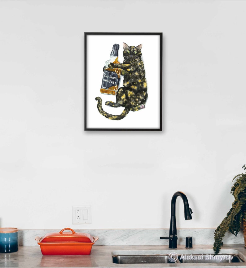 Tortoiseshell Cat and Whiskey Print, Cat Decor, Cat Art, Funny Cat Art