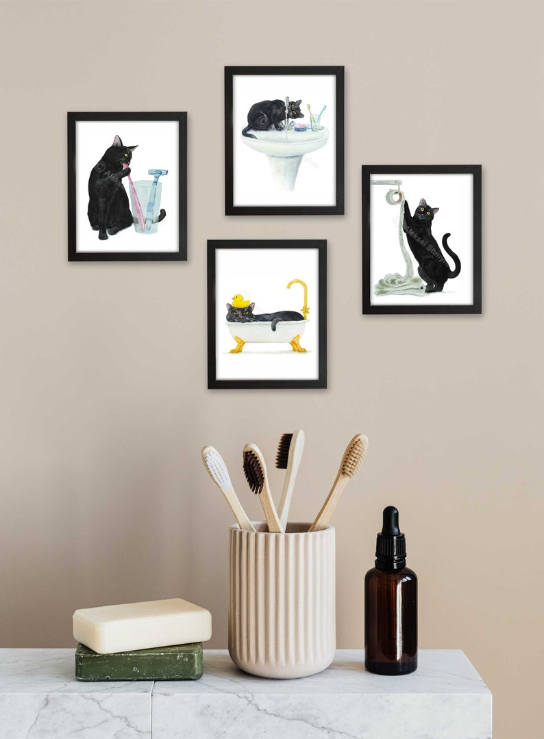 Bathroom Black Cat Print Set of 4, Cat Decor, Cat Art, Funny Cat Art, Cat Lover Gift, Bathroom Decor, Watercolor Painting Print All vertical