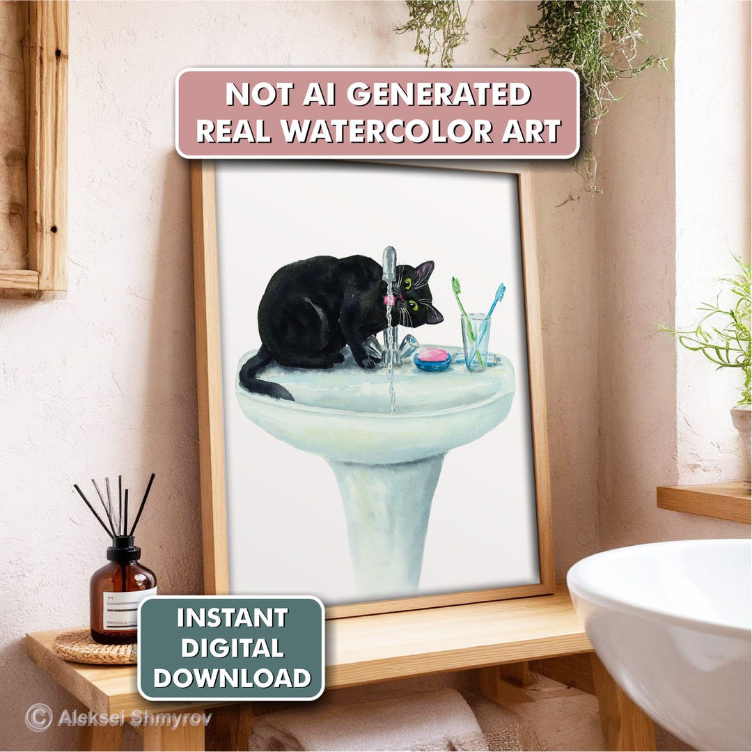 Bathroom Black Cat Art Print | Funny Cat Wall Decor| Printable Cat ...