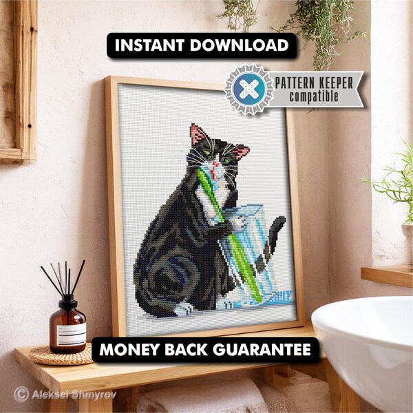 Funny Tuxedo Cat Bathroom Cross Stitch Pattern | DMC Charted PDF | Embroidered Home Decor | Instant Download | Cat Lover DIY Gift