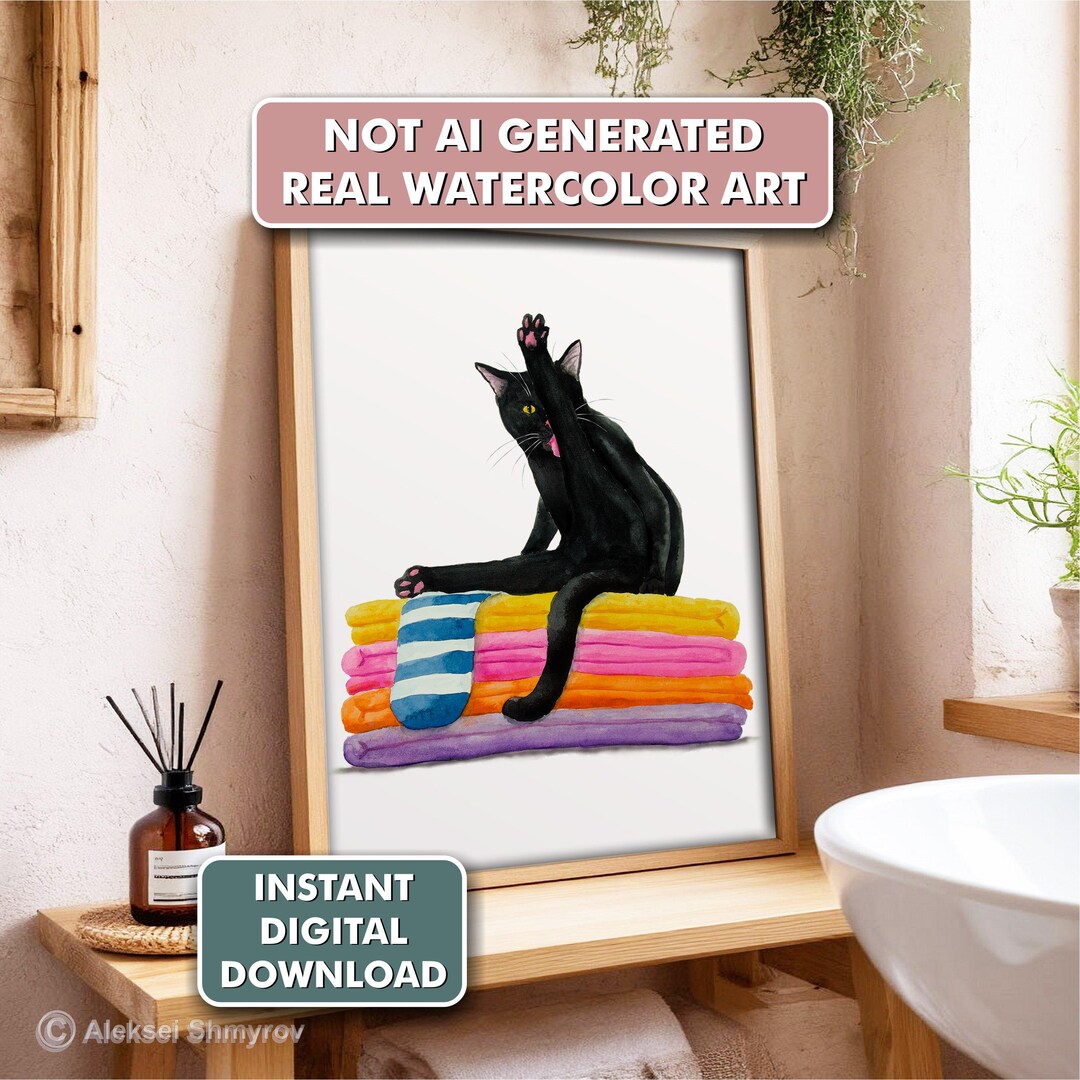 Bathroom Black Cat Art Print | Funny Cat Wall Decor| Printable Cat ...