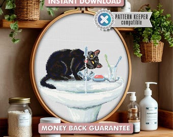 Lustiges schwarze Katze Badezimmer Kreuzstich Muster | DMC kartiert PDF | Stickerei & gestickte Wohnkultur | Sofortiger Download |Katzen-Liebhaber-DIY-Geschenk