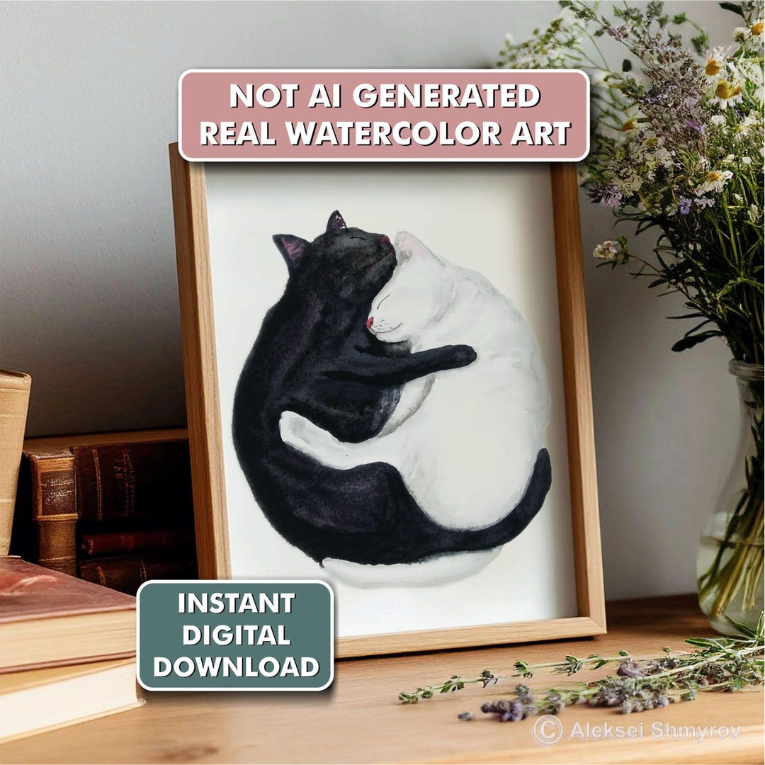 Black & White Cat Print | Printable Cat Wall Art | Watercolor Cat Decor ...