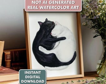 Black & White Cat Print | Printable Cat Wall Art | Watercolor Cat Decor | Cute Black Cat | Cat Lover Gift | Funny Cat Art Digital Download
