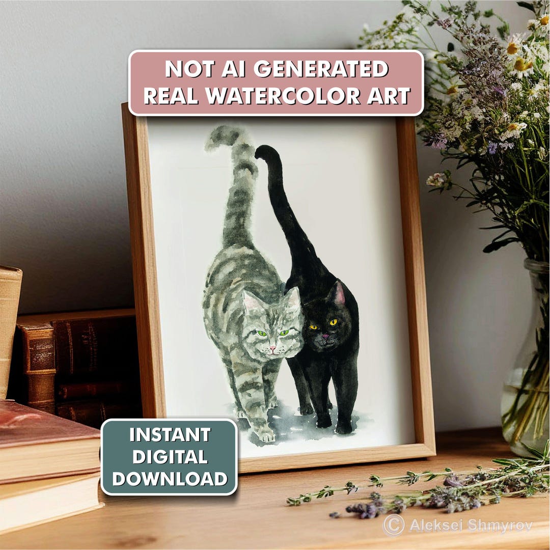 Tabby & Black Cat Print | Printable Cat Wall Art | Watercolor Cat Decor ...