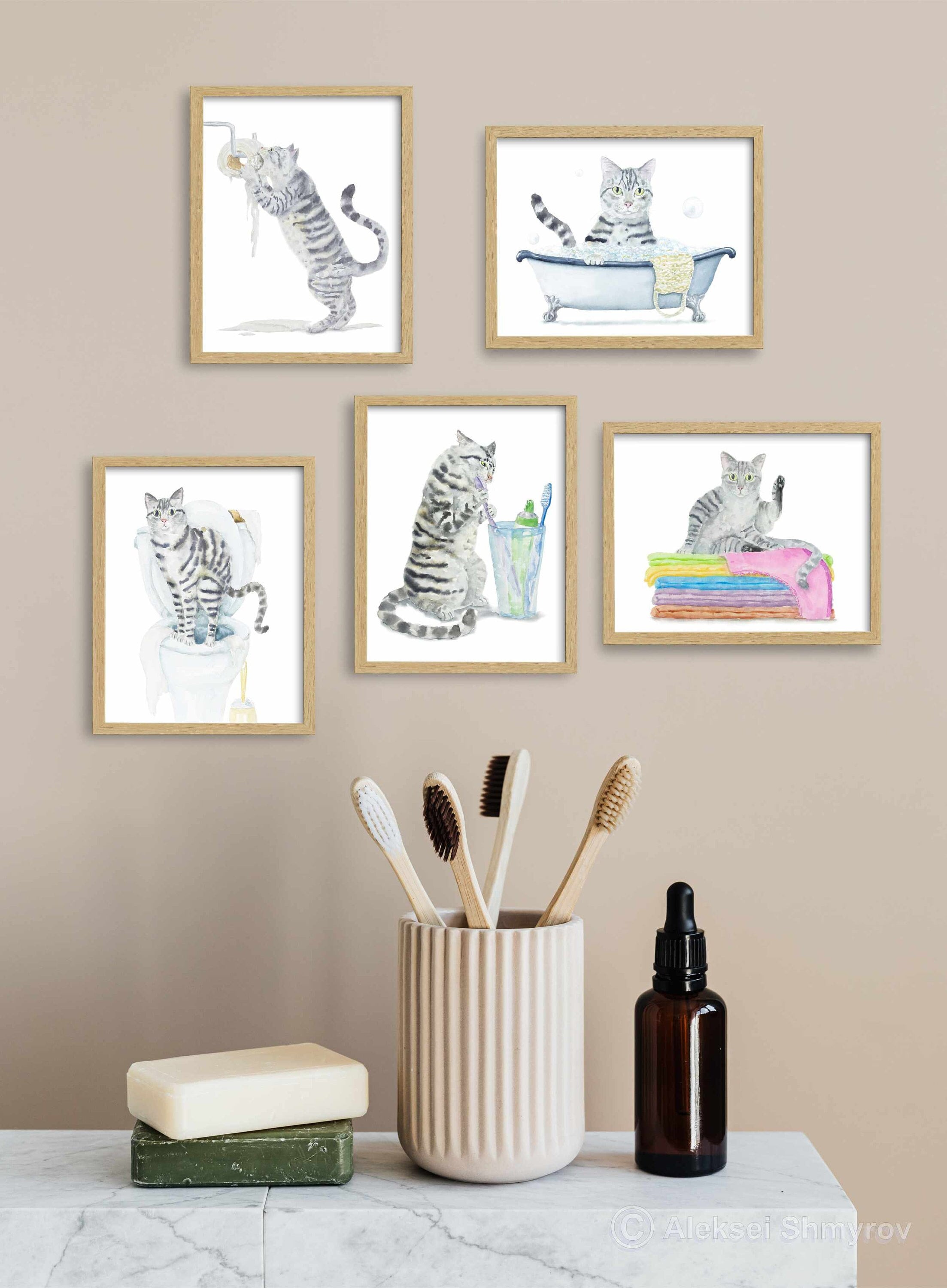 Bathroom Gray Tabby Cat Print Set of 5, Printable Cat Decor, Cat Art, Funny Cat Art, Cat Lover Gift, Bathroom Decor, Watercolor Painting