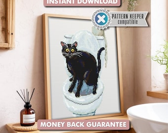Lustiges schwarze Katze Badezimmer Kreuzstich Muster | DMC kartiert PDF | Stickerei & gestickte Wohnkultur | Sofortiger Download |Katzen-Liebhaber-DIY-Geschenk