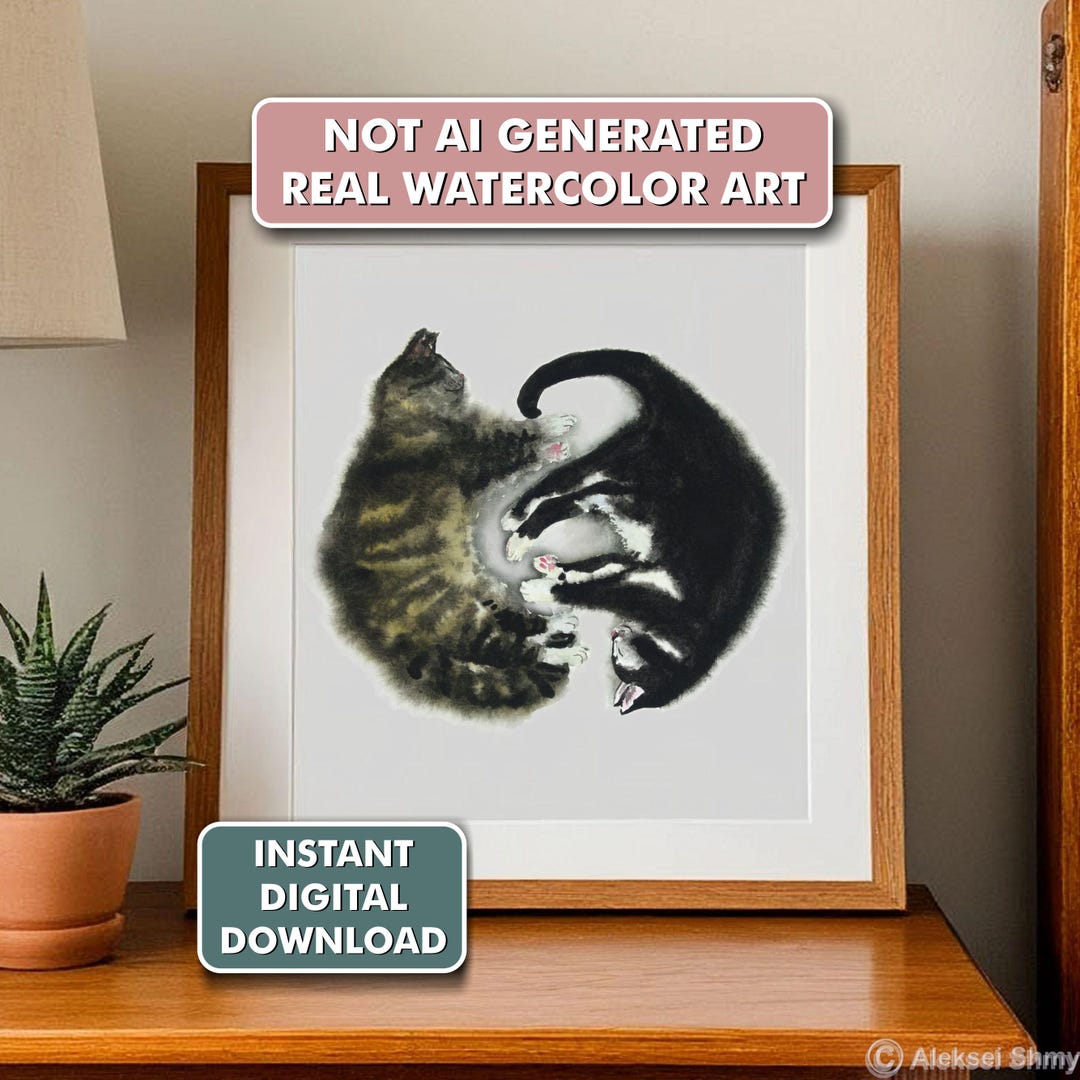 Tabby & Tuxedo Cat Print | Printable Cat Wall Art | Watercolor Cat ...