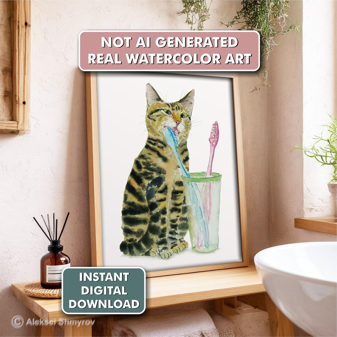 Bathroom Tabby Cat Art Print | Funny Cat Wall Decor| Printable Cat ...
