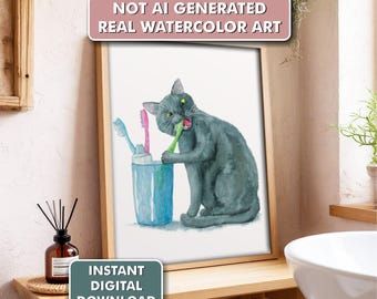 Bathroom British Cat Art Print | Funny Cat Wall Decor| Printable Cat Lover Gift | Watercolor Cat Decor | Digital Download | Cute Gray Cat