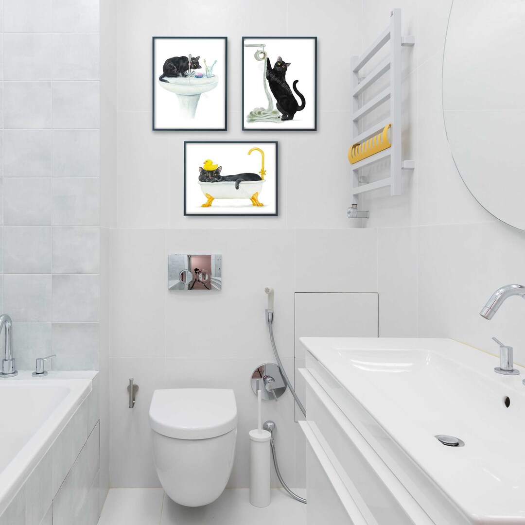 Bathroom Black Cat Print Set of 3, Cat Decor, Cat Art, Funny Cat Art ...