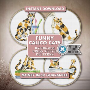 Funny Calico Cat Bathroom Cross Stitch Pattern Set (4 Designs) | DMC Charted PDF | Embroidered Home Decor | Instant Download | Cat Lover DIY