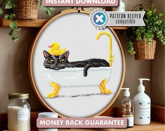 Lustiges schwarze Katze Badezimmer Kreuzstich Muster | DMC kartiert PDF | Stickerei & gestickte Wohnkultur | Sofortiger Download |Katzen-Liebhaber-DIY-Geschenk