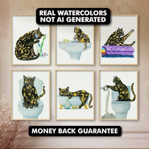 Set di 6 stampe di gatti in tartaruga per il bagno / Divertente decorazione murale con gatti / Regalo stampabile per gli amanti dei gatti / Decorazione con gatti acquerellati / Download digitale