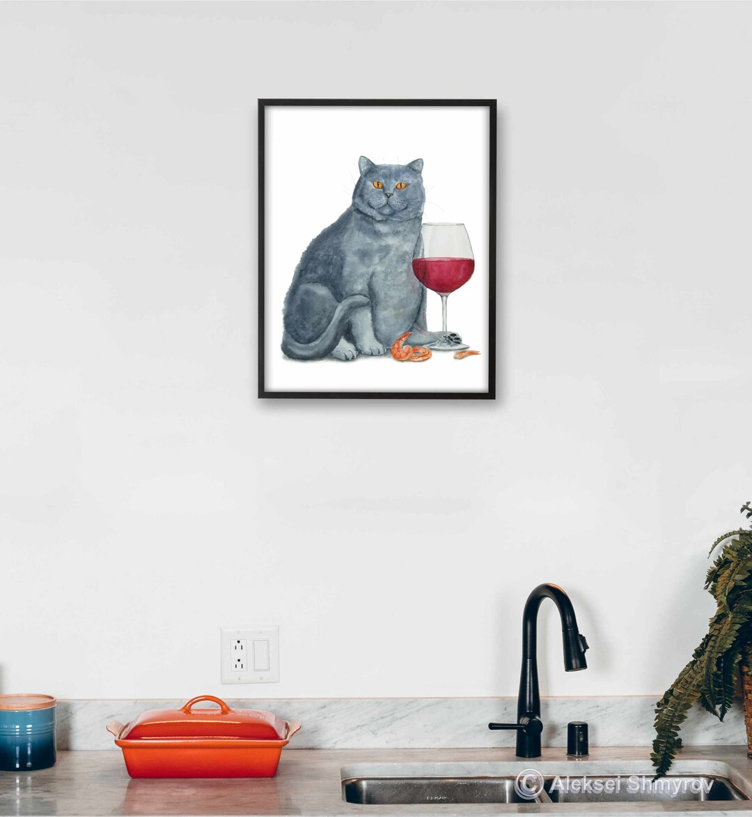 British Cat and Wine Art Print, Cat Decor, Printable Wall Art, Funny ...