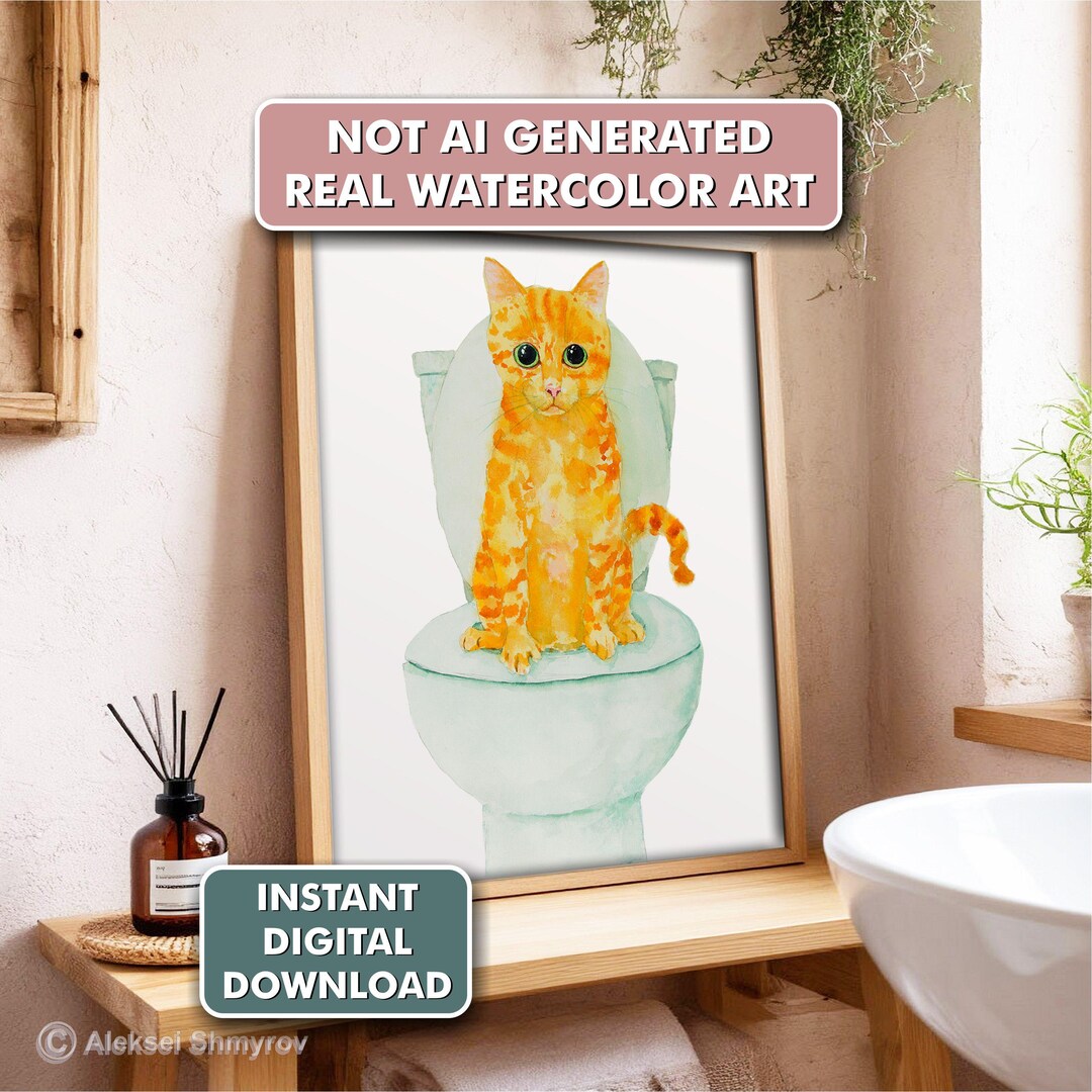 Bathroom Orange Cat Art Print | Funny Cat Wall Decor| Printable Cat ...