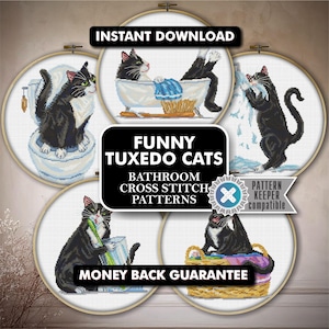 Patrón de punto de cruz para baño con divertido gato esmoquin (5 diseños) / PDF con diagramas DMC / Decoración bordada para el hogar / Descarga instantánea / Bricolaje para amantes de los gatos