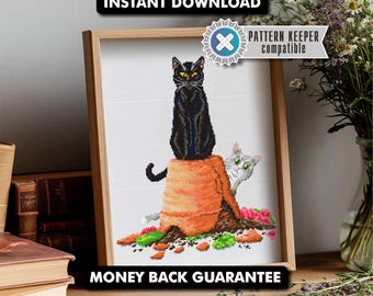 花瓶の中の猫トリオ クロスステッチ図案 PDF – かわいい花柄の黒猫