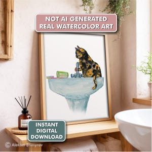 Badkamer schildpad kat kunstafdruk | Grappige kat muurdecoratie| Afdrukbaar cadeau kattenliefhebber | Aquarel kattendecor | Digitale download | Grillige kat