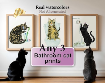 Any 3 Bathroom Cat Print, Printable Cat Decor, Cat Art, Funny Cat Art, Cat Lover Gift, Bathroom Decor, Watercolor Painting Print