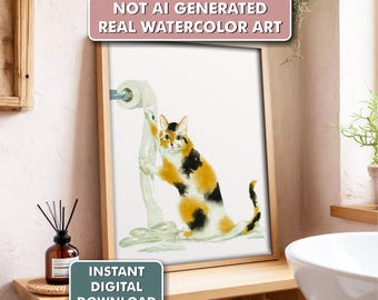 Bathroom Calico Cat Art Print | Funny Cat Wall Decor| Printable Cat Lover Gift | Watercolor Cat Decor | Digital Download | Cute Cat