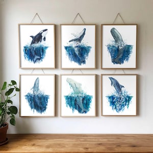 Whales Watercolor Art Prints, Printable Decor, Ocean Art, Blue Wall Decor, Humpback Whale, Bathroom Decor, Watercolor Painting, Set of 6