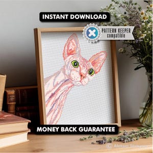 May include: Cross-stitch art of a Sphynx cat with pink and white fur and green eyes. The artwork is framed in a light wood frame. Text on the image includes "INSTANT DOWNLOAD", "PATTERN KEEPER COMPATIBLE", and "MONEY BACK GUARANTEE".