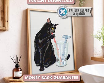 Lustiges schwarze Katze Badezimmer Kreuzstich Muster | DMC kartiert PDF | Stickerei & gestickte Wohnkultur | Sofortiger Download |Katzen-Liebhaber-DIY-Geschenk