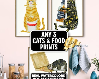Set di stampe artistiche con gatti e cibo / Arte murale con gatti divertenti / Decorazioni stampabili con gatti / Stampe da cucina con gatti acquerellati / Arte con gatti neri / Regalo per gli amanti dei gatti