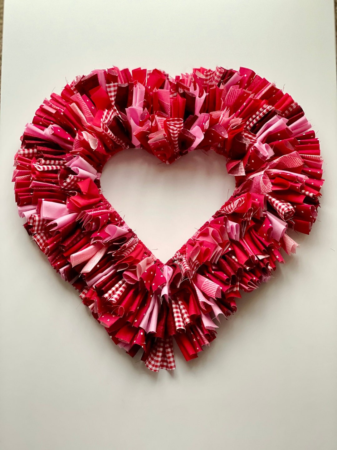 Red and Pink Heart Rag Wreath, Fabric Heart Wreath for Door or Wall