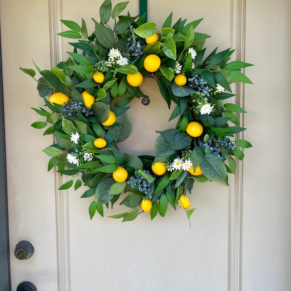 Summer Lemon Wreath for Front Door, Lemon and Blueberry Door Decor, Fruit Wreath for Summer