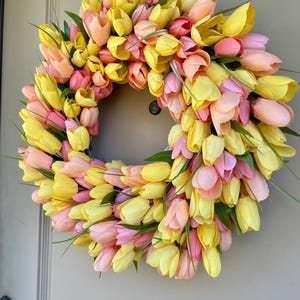 Spring Tulip Wreath For Front Door, Yellow Orange Tulip Wreath, Pastel Easter Wreath, Mother’s Day Wreath Gift, Spring Housewarming Gift image 9