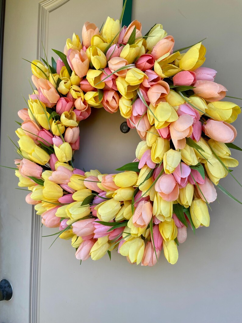 Spring Tulip Wreath For Front Door, Yellow Orange Tulip Wreath, Pastel Easter Wreath, Mother’s Day Wreath Gift, Spring Housewarming Gift image 9
