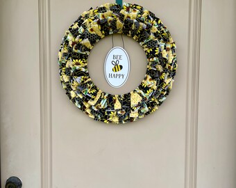 Bumblebee Rag Wreath, Black And Yellow Fabric Wreath For Spring Or Summer, Kitchen Bee Wall Decor, Gift For Her, Housewarming Gift