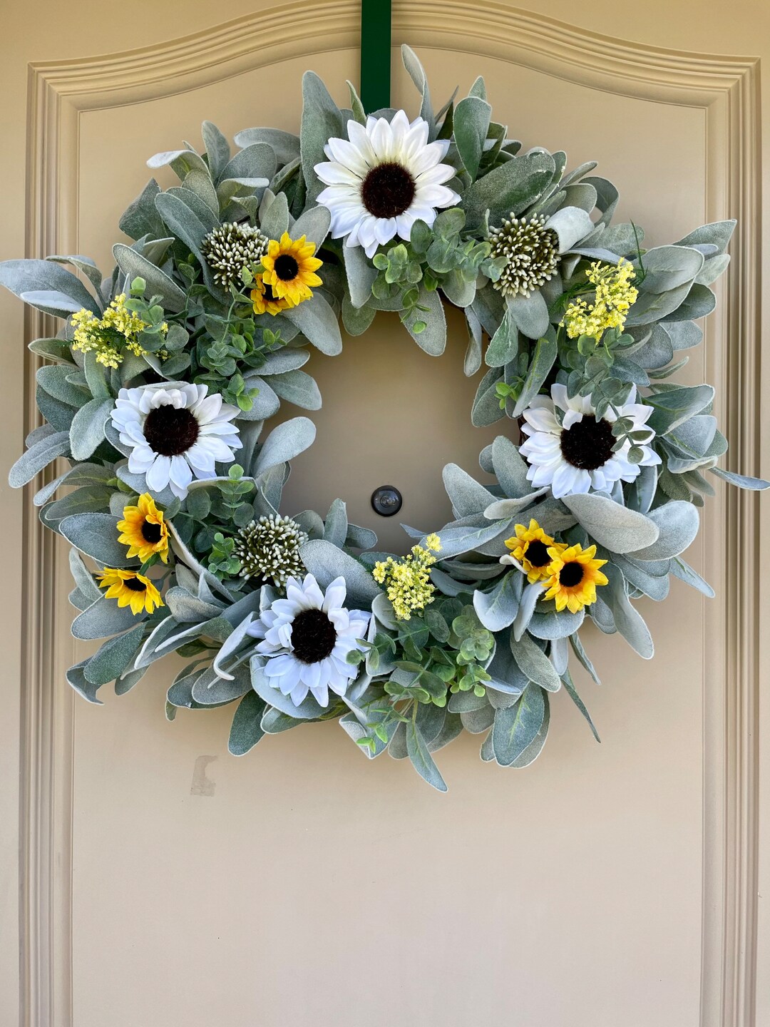 Lamb’s Ear and Eucalyptus Wreath With White and Yellow Sunflowers ...