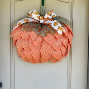Orange Farmhouse Pumpkin Wreath For Fall, Autumn Pumpkin Door Hanger, Halloween Burlap Pumpkin Wreath, Spider Pumpkin Decoration