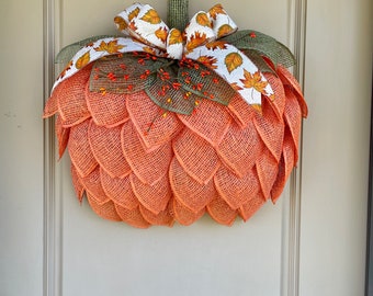 Orange Farmhouse Pumpkin Wreath For Fall, Autumn Pumpkin Door Hanger, Burlap Pumpkin Wreath