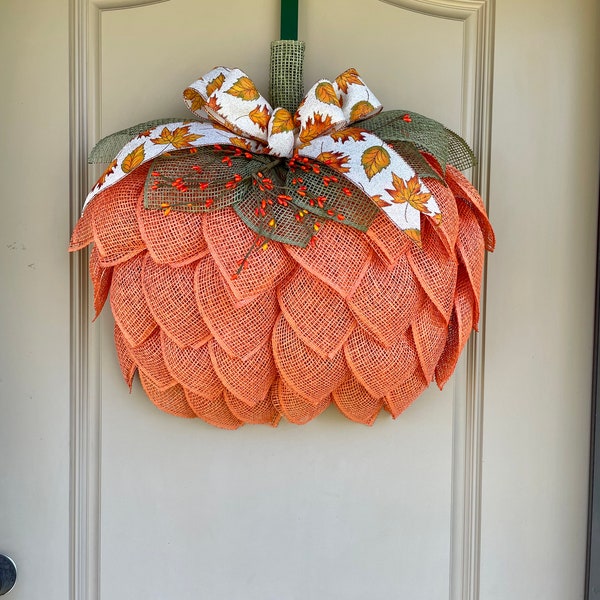 Orange Farmhouse Pumpkin Wreath For Fall, Autumn Pumpkin Door Hanger, Burlap Pumpkin Wreath